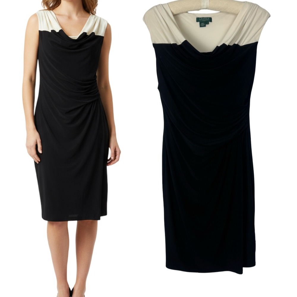 Lauren Ralph Lauren Women Black‎ Sleeveless Dress Sheath ruched Party Size 8